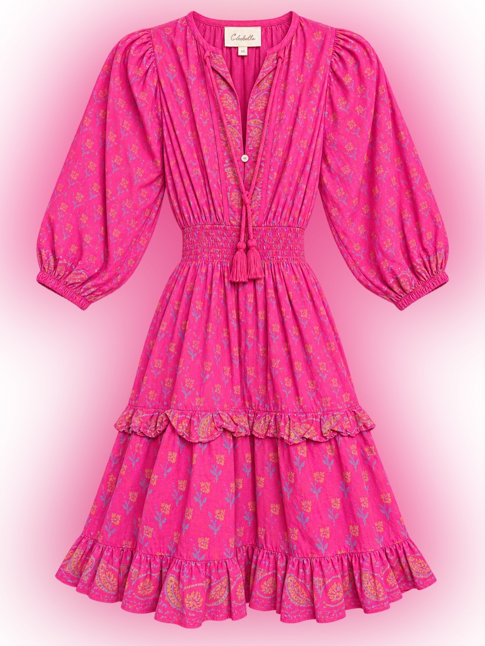 Cleobella Hot Pink Floral Mini Dress with Tassel Tie
